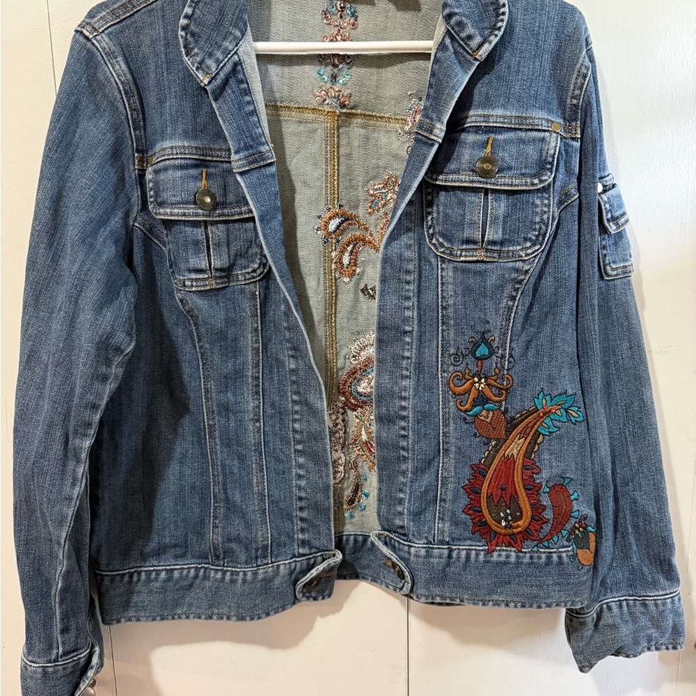 Chico's Blue Cropped Jean Jacket with Embroidery